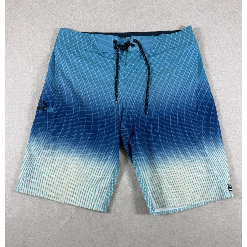 Billabong Fluid Pro Board Shorts Mens 31 Blue Gradient Grid Recycled Swim Trunks
